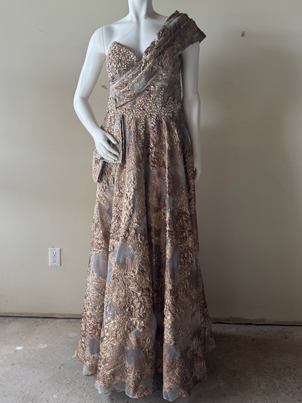 One-Shoulder Metallic Lace Evening Gown in Champagne Brown